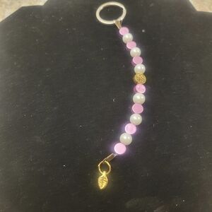 Pink and White Beaded Keychain with Gold Accents